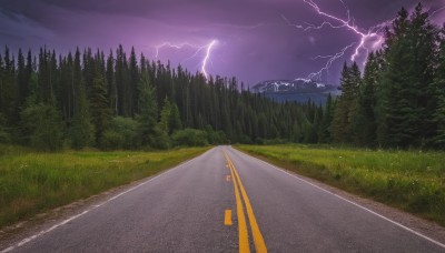 outdoors,sky,cloud,tree,no humans,cloudy sky,grass,nature,scenery,forest,mountain,fence,electricity,road,bush,lightning,landscape,path,purple sky