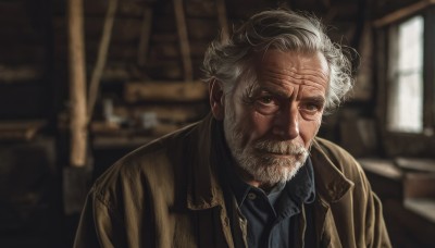 solo,short hair,blue eyes,shirt,1boy,closed mouth,jacket,upper body,white hair,grey hair,male focus,collared shirt,indoors,blurry,black eyes,coat,black shirt,window,depth of field,blurry background,facial hair,messy hair,beard,brown jacket,realistic,mustache,manly,old,brown coat,old man,wrinkled skin,looking at viewer,smile,signature,grey eyes,scar,sunlight,portrait