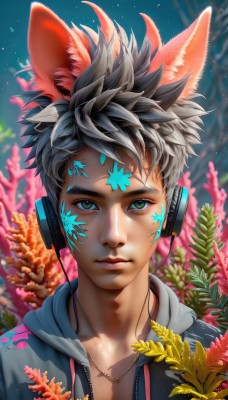 solo,looking at viewer,short hair,black hair,1boy,animal ears,jewelry,closed mouth,green eyes,jacket,upper body,flower,grey hair,male focus,multicolored hair,open clothes,artist name,hood,necklace,blurry,lips,fox ears,hoodie,tattoo,headphones,leaf,facial mark,hood down,plant,portrait,zipper,nose,coral,brown eyes,star (symbol),watermark,spiked hair,web address,fish,underwater,monster boy