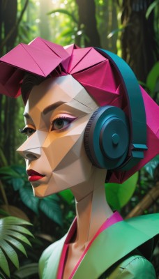 1girl,solo,short hair,black hair,collarbone,upper body,outdoors,day,artist name,dark skin,blurry,tree,lips,eyelashes,makeup,blurry background,headphones,leaf,sunlight,plant,lipstick,portrait,nature,eyeshadow,forest,nose,red lips,facepaint,brown hair,green eyes,pink hair,parted lips,japanese clothes,kimono,official alternate costume,looking away,thick eyebrows