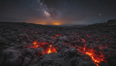 outdoors, sky, no humans, night, fire, star (sky), night sky, scenery, starry sky, mountain, molten rock