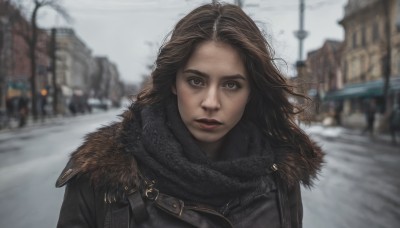 1girl,solo,long hair,looking at viewer,blue eyes,brown hair,closed mouth,jacket,upper body,outdoors,day,scarf,blurry,lips,coat,fur trim,dutch angle,depth of field,blurry background,building,snow,freckles,realistic,nose,winter clothes,road,black scarf,winter,street,parted lips,sky,cloud,tree,grey eyes,cloudy sky,ground vehicle,wind,portrait,motor vehicle,fur collar,city,car,strap,grey sky,overcast