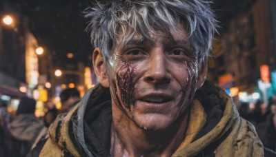 solo,looking at viewer,short hair,1boy,white hair,grey hair,male focus,outdoors,parted lips,solo focus,hood,blurry,black eyes,lips,night,depth of field,blurry background,hood down,portrait,city,realistic,old,smile,teeth,grey eyes,hoodie,facial hair,scar,scar on face,city lights