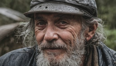 solo,looking at viewer,1boy,hat,closed mouth,white hair,grey hair,male focus,artist name,signature,blurry,black eyes,blurry background,facial hair,helmet,portrait,beard,close-up,realistic,mustache,manly,old,old man,outdoors,grey eyes,scar,scar on face,scar across eye,chainmail,wrinkled skin