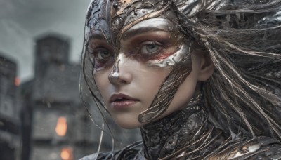 1girl,solo,long hair,looking at viewer,outdoors,parted lips,teeth,armor,blurry,lips,grey eyes,eyelashes,blurry background,helmet,building,portrait,close-up,city,realistic,red lips,blue eyes,brown hair,closed mouth,sky,makeup,depth of field,expressionless,cloudy sky,wind,nose,grey sky