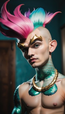 solo,looking at viewer,short hair,1boy,jewelry,closed mouth,nipples,green eyes,blue hair,upper body,pink hair,male focus,multicolored hair,earrings,shiny,artist name,necklace,blurry,two-tone hair,lips,makeup,muscular,blurry background,facial hair,piercing,pectorals,muscular male,beard,topless male,realistic,nose,scales,very short hair,undercut,mohawk,bangs,blue eyes,collarbone,shiny hair,tattoo,abs,portrait