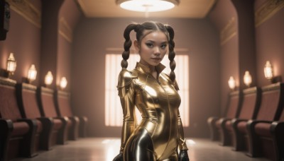 1girl,solo,long hair,breasts,looking at viewer,blue eyes,brown hair,black hair,twintails,medium breasts,closed mouth,standing,braid,small breasts,shiny,indoors,blurry,twin braids,lips,window,bodysuit,makeup,blurry background,skin tight,zipper,shiny clothes,realistic,black bodysuit,leather,latex,latex bodysuit,yellow bodysuit,brown eyes,dark skin