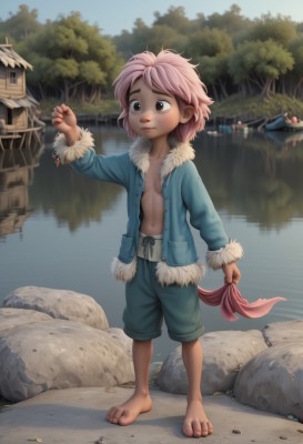 solo,short hair,long sleeves,1boy,navel,holding,brown eyes,closed mouth,standing,jacket,full body,pink hair,male focus,outdoors,open clothes,shorts,barefoot,day,water,open jacket,tree,fur trim,toes,thick eyebrows,blue jacket,child,rock,male child,river,stream,1girl,blush,solo focus,dark skin,feet,looking away,dark-skinned male,messy hair,clenched hand,androgynous,1other,coin,tomboy