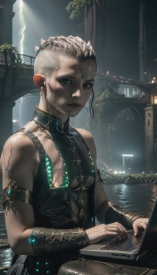 1girl,solo,breasts,looking at viewer,short hair,blue eyes,hair ornament,bare shoulders,jewelry,sitting,closed mouth,grey hair,earrings,small breasts,outdoors,sleeveless,dark skin,water,nail polish,lips,fingernails,wet,tattoo,gem,black nails,armlet,realistic,nose,bracer,computer,laptop,blonde hair,night,piercing,instrument,circlet,very short hair