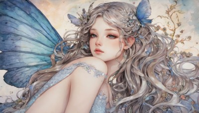 1girl,solo,long hair,looking at viewer,blue eyes,hair ornament,dress,bare shoulders,jewelry,upper body,flower,grey hair,earrings,parted lips,wings,pointy ears,hair flower,lips,grey eyes,wavy hair,bug,butterfly,freckles,fairy wings,butterfly hair ornament,red lips,fairy,butterfly wings,blue wings,bangs,parted bangs,knee up,realistic,nose