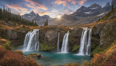 outdoors, sky, cloud, water, tree, no humans, nature, scenery, forest, sunset, rock, mountain, sun, autumn leaves, river, autumn, waterfall, landscape, cliff