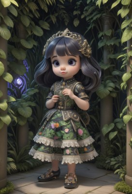 1girl,solo,long hair,looking at viewer,bangs,blue eyes,black hair,hair ornament,dress,holding,closed mouth,standing,purple eyes,full body,flower,short sleeves,hairband,outdoors,frills,shoes,blunt bangs,black footwear,black eyes,tree,lips,night,leaf,floral print,tiara,plant,child,nature,forest,lolita fashion,fantasy,headdress,female child,vines,pavement,stone floor,watermark