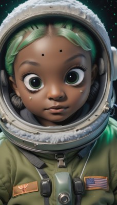 1girl,solo,looking at viewer,closed mouth,green eyes,upper body,green hair,dark skin,star (symbol),dark-skinned female,lips,eyelashes,facial mark,helmet,star (sky),forehead,freckles,forehead mark,realistic,nose,space,american flag,spacesuit,japanese flag,astronaut,uniform,military,military uniform,reflection,badge