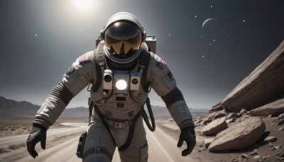 solo,gloves,1boy,male focus,outdoors,sky,black gloves,night,moon,helmet,star (sky),facing viewer,1other,science fiction,rock,mountain,space,crescent moon,planet,open hands,ambiguous gender,spacesuit,desert,space helmet,astronaut,armor,starry sky,pouch,sun,holster,thigh holster,american flag