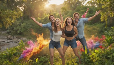 long hair,breasts,smile,open mouth,multiple girls,blonde hair,large breasts,brown hair,shirt,1boy,navel,2girls,closed eyes,white shirt,flower,:d,outdoors,multiple boys,shorts,teeth,day,midriff,pants,2boys,arms up,tree,short shorts,siblings,happy,sunlight,tank top,outstretched arms,fire,plant,denim,nature,forest,denim shorts,realistic,family,black hair,medium breasts,standing,collarbone,sleeveless,dark skin,3girls,dark-skinned female,crop top,^ ^,blue shirt,facing viewer,pink flower,camisole,sleeves rolled up,blue shorts,hand in pocket,jeans,laughing,mother and daughter,white tank top,river,garden