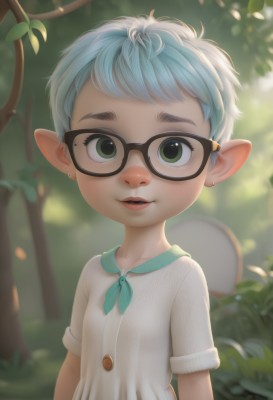 1girl,solo,looking at viewer,smile,short hair,open mouth,shirt,jewelry,green eyes,blue hair,white shirt,upper body,white hair,short sleeves,earrings,outdoors,parted lips,glasses,day,pointy ears,artist name,mole,blurry,tree,mole under eye,depth of field,blurry background,nature,forest,freckles,black-framed eyewear,teeth,lips,neckerchief,leaf,thick eyebrows,elf,stud earrings