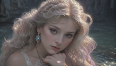 1girl,solo,long hair,looking at viewer,blue eyes,blonde hair,dress,bare shoulders,jewelry,earrings,parted lips,water,necklace,blurry,bracelet,lips,eyelashes,depth of field,blurry background,wavy hair,gem,portrait,curly hair,realistic,nose,brown hair,hand on own chin