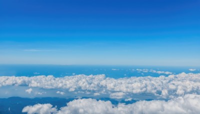 monochrome,outdoors,sky,day,cloud,blue sky,no humans,bird,ocean,cloudy sky,scenery,blue theme,horizon,landscape,above clouds,water,flock