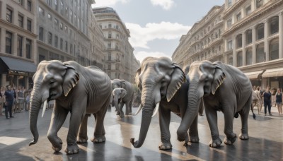 outdoors,multiple boys,sky,day,no humans,animal,building,scenery,walking,6+boys,monster,dog,city,realistic,road,horse,street,multiple girls,cloud,reflection,crowd,crosswalk,elephant