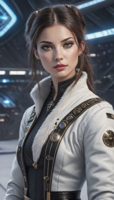 1girl,solo,long hair,breasts,looking at viewer,brown hair,hair ornament,twintails,brown eyes,jewelry,closed mouth,jacket,upper body,earrings,open clothes,belt,blurry,lips,coat,fur trim,makeup,blurry background,white jacket,freckles,realistic,nose,white coat,bangs,long sleeves,medium breasts,parted lips,hair bun,lipstick,science fiction,red lips