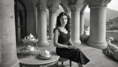 1girl,solo,long hair,breasts,looking at viewer,dress,cleavage,bare shoulders,jewelry,medium breasts,sitting,monochrome,braid,greyscale,earrings,outdoors,sleeveless,cup,lips,sleeveless dress,chair,table,scenery,hair over shoulder,teacup,curly hair,long dress,bush,teapot,saucer,pillar,arch,column,smile,food,signature,tea set