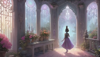 1girl,solo,short hair,skirt,brown hair,black hair,hair ornament,dress,animal ears,bare shoulders,standing,flower,barefoot,sleeveless,indoors,hair bun,from behind,rabbit ears,tree,window,shadow,chair,table,sunlight,single hair bun,plant,scenery,purple dress,pink flower,walking,purple skirt,light rays,stairs,fantasy,purple flower,clock,potted plant,candle,tile floor,wide shot,pillar,vase,arch,candlestand,column,jewelry,day,artist name,signature,dark skin,bracelet,dark-skinned female,red flower,wooden floor,facing away,garden