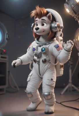 1girl,solo,smile,brown hair,animal ears,brown eyes,closed mouth,standing,full body,artist name,indoors,hand up,signature,star (symbol),blurry,blurry background,headphones,thick eyebrows,furry,waving,furry female,cable,space,body fur,animal nose,american flag,spacesuit,union jack,japanese flag,space helmet,astronaut,1boy,male focus,depth of field,watermark,moon,helmet,star (sky),microphone,web address,claws,headset,science fiction,flag,furry male,planet,flag print