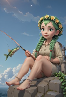 1girl,solo,long hair,breasts,smile,shirt,hair ornament,holding,jewelry,sitting,green eyes,full body,braid,flower,small breasts,outdoors,green hair,sky,shorts,barefoot,day,artist name,cloud,hair flower,water,twin braids,feet,blue sky,lips,legs,bare legs,toes,ocean,watermark,thick eyebrows,plant,child,web address,freckles,fish,toenails,yellow flower,nose,anklet,head wreath,castle,fishing rod,fishing,underwear,panties,rock