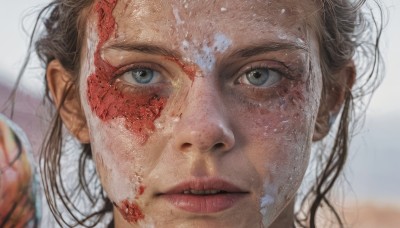 1girl,solo,long hair,looking at viewer,blue eyes,brown hair,black hair,parted lips,blurry,lips,grey eyes,blood,blurry background,portrait,close-up,reflection,blood on face,realistic,teeth,eyelashes,depth of field,messy hair,freckles,dirty,dirty face