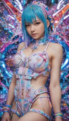 1girl,solo,breasts,looking at viewer,short hair,bangs,blue eyes,navel,bare shoulders,jewelry,medium breasts,blue hair,cowboy shot,hairband,bracelet,lips,see-through,aqua hair,lingerie,science fiction,realistic,underwear,watermark