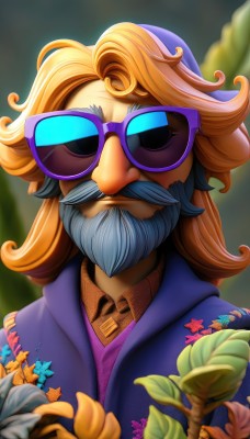 solo,long hair,looking at viewer,brown hair,shirt,1boy,hat,closed mouth,jacket,upper body,flower,grey hair,male focus,multicolored hair,outdoors,collared shirt,medium hair,orange hair,blurry,blurry background,facial hair,sunglasses,portrait,beard,curly hair,mustache,purple shirt,purple jacket,purple headwear,tinted eyewear,bangs,holding,open clothes,artist name,depth of field,leaf,watermark,wing collar,blue jacket,facing viewer,blurry foreground,flipped hair,straight-on