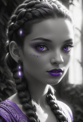 1girl,solo,long hair,looking at viewer,hair ornament,dress,jewelry,closed mouth,purple eyes,collarbone,monochrome,upper body,braid,greyscale,earrings,artist name,signature,mole,blurry,twin braids,lips,eyelashes,makeup,depth of field,blurry background,lipstick,gem,portrait,hair over shoulder,purple dress,eyeshadow,freckles,spot color,nose,purple lips,mascara,multiple braids,black hair,mole under eye,watermark,sunlight,web address,eyeliner