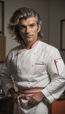 solo,looking at viewer,brown hair,black hair,long sleeves,1boy,brown eyes,closed mouth,standing,white shirt,grey hair,male focus,multicolored hair,cowboy shot,indoors,medium hair,blurry,black eyes,two-tone hair,streaked hair,sash,buttons,blurry background,facial hair,pocket,realistic,chef,wrinkled skin,jacket,pants,artist name,signature,dark skin,lips,scar,dark-skinned male,thick eyebrows,beard,scar on face,white pants,mustache,manly,old,old man