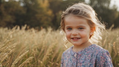 1girl,solo,looking at viewer,smile,short hair,blonde hair,brown hair,shirt,dress,upper body,outdoors,parted lips,teeth,artist name,signature,blurry,black eyes,lips,floating hair,depth of field,blurry background,blue dress,blue shirt,wind,child,realistic,female child,open mouth,brown eyes,day,pointy ears,wheat