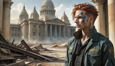 HQ,solo,blue eyes,brown hair,shirt,1boy,jewelry,jacket,upper body,male focus,outdoors,sky,day,cloud,tattoo,facial hair,building,city,realistic,ruins,castle,denim jacket,short hair,blonde hair,closed mouth,collarbone,weapon,earrings,open clothes,necklace,open jacket,blue sky,looking to the side,black shirt,facial mark,cloudy sky,blue jacket,scenery,emblem,leather,pillar