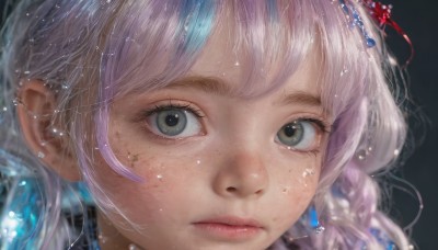 1girl,solo,long hair,looking at viewer,bangs,hair ornament,closed mouth,green eyes,pink hair,multicolored hair,star (symbol),blurry,lips,grey eyes,eyelashes,piercing,portrait,close-up,freckles,realistic,nose,simple background,jewelry,blue hair,white hair,artist name,water,expressionless,black background,water drop