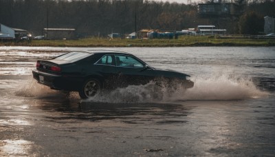 outdoors,tree,no humans,ground vehicle,building,nature,scenery,motor vehicle,forest,realistic,car,road,vehicle focus,sports car,truck,water,rain,photo background