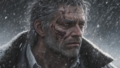 solo,short hair,shirt,1boy,brown eyes,closed mouth,jacket,white shirt,white hair,grey hair,male focus,outdoors,collared shirt,artist name,signature,coat,looking to the side,facial hair,scar,looking away,portrait,beard,scar on face,snow,snowing,realistic,scar across eye,stubble,manly,yellow eyes,tattoo,veins,mature male,old,old man