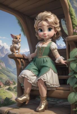 1girl,solo,breasts,looking at viewer,smile,short hair,blue eyes,blonde hair,long sleeves,dress,jewelry,sitting,full body,flower,earrings,boots,outdoors,frills,sky,day,puffy sleeves,cloud,necklace,high heels,tree,blue sky,lips,brown footwear,cat,grass,plant,child,curly hair,green dress,mountain,female child,house,mountainous horizon,wooden fence,long hair,artist name,watermark,aged down,web address