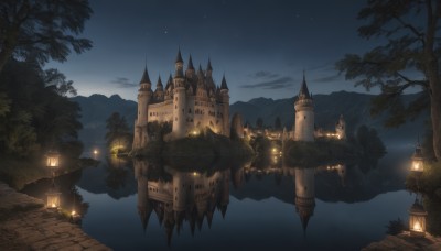 outdoors,sky,cloud,water,tree,no humans,night,building,star (sky),nature,night sky,scenery,starry sky,lantern,mountain,fantasy,bridge,lamppost,river,castle,tower,landscape,lake,road,dark,path