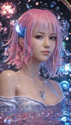 1girl,solo,breasts,looking at viewer,short hair,bangs,hair ornament,cleavage,bare shoulders,brown eyes,jewelry,medium breasts,collarbone,upper body,pink hair,earrings,parted lips,artist name,water,necklace,blurry,lips,wet,gem,wet clothes,pendant,partially submerged,freckles,crystal,realistic,nose,horns,petals