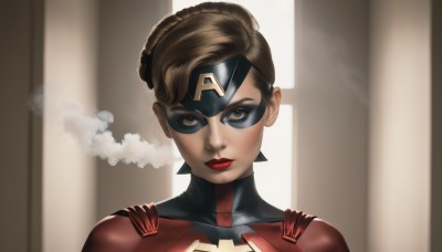 1girl,solo,looking at viewer,short hair,brown hair,brown eyes,closed mouth,upper body,hair bun,lips,bodysuit,makeup,mask,single hair bun,lipstick,portrait,eyeshadow,smoke,red lips,superhero,domino mask,eyelashes,window,backlighting,realistic,nose,red bodysuit