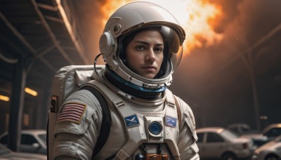 solo,looking at viewer,black hair,1boy,brown eyes,closed mouth,upper body,male focus,signature,dark skin,bag,blurry,lips,depth of field,blurry background,backpack,helmet,ground vehicle,motor vehicle,science fiction,realistic,nose,car,explosion,american flag,spacesuit,japanese flag,pilot,astronaut,1girl,serious,space helmet,united states,american flag print