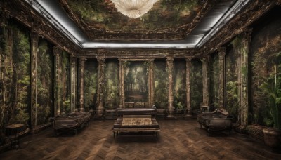 day,indoors,tree,dutch angle,no humans,window,chair,table,sunlight,plant,nature,scenery,couch,forest,light rays,wooden floor,stairs,fantasy,potted plant,pillar,statue,ruins,vines,arch,overgrown,column