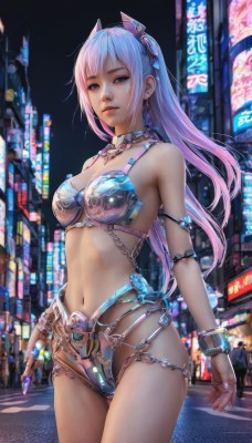 1girl,solo,long hair,breasts,looking at viewer,bangs,blue eyes,navel,cleavage,bare shoulders,jewelry,medium breasts,standing,swimsuit,pink hair,bikini,multicolored hair,cowboy shot,earrings,outdoors,armor,lips,night,chain,headgear,building,armlet,science fiction,city,realistic,road,bikini armor,cyberpunk,closed mouth,ponytail,parted lips,necklace,blurry,collar,bracelet,fingernails,ring,android,cityscape,street,city lights,neon lights