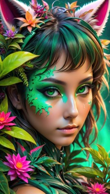 1girl,solo,long hair,looking at viewer,bangs,brown hair,hair ornament,animal ears,closed mouth,green eyes,flower,multicolored hair,green hair,artist name,cat ears,hair flower,lips,animal ear fluff,eyelashes,makeup,glowing,leaf,watermark,facial mark,plant,lipstick,portrait,close-up,pink flower,eyeshadow,freckles,green background,pink lips,nose,eyeliner,facepaint,mascara,short hair,black hair,hairband,web address,light particles,realistic