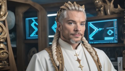 solo,long hair,looking at viewer,smile,short hair,blonde hair,1boy,jewelry,closed mouth,white shirt,upper body,braid,white hair,grey hair,male focus,multicolored hair,earrings,indoors,blurry,twin braids,two-tone hair,grey eyes,facial hair,piercing,staff,portrait,beard,robe,mature male,realistic,old,old man,white robe,priest,wrinkled skin,multiple braids,blue eyes,necklace,lips,blurry background,cross