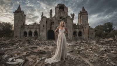 1girl,solo,long hair,breasts,brown hair,dress,bare shoulders,standing,outdoors,sky,cloud,dark skin,white dress,tree,cloudy sky,building,scenery,hands on hips,long dress,ruins,statue,rubble,blonde hair,jewelry,necklace,dark-skinned female,hand on hip,wedding dress,realistic,church