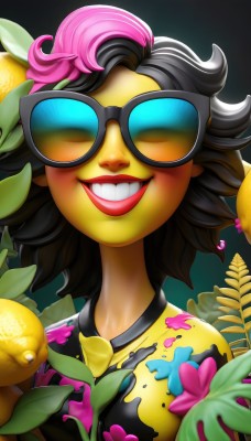 1girl,solo,smile,short hair,black hair,bare shoulders,closed eyes,upper body,pink hair,flower,multicolored hair,glasses,teeth,grin,two-tone hair,lips,makeup,fruit,colored skin,leaf,sunglasses,plant,lipstick,portrait,facing viewer,black-framed eyewear,yellow skin,hair ornament,food,hair flower