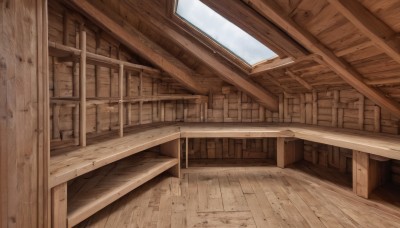 monochrome,outdoors,sky,day,cloud,indoors,blue sky,no humans,window,sunlight,building,scenery,wooden floor,stairs,door,brown theme,railing,architecture,east asian architecture,sepia,wooden wall,wood